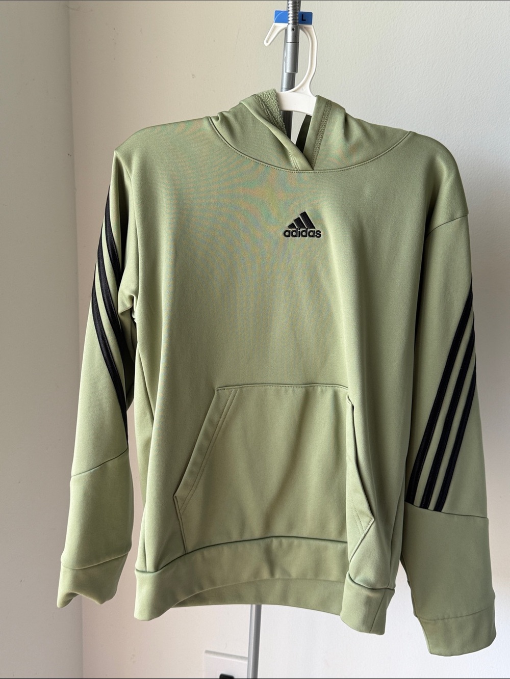 adidas Olive Green Hoodie with Black Sleeve Stripes